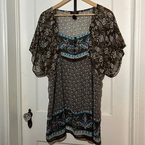 Lane Bryant Peasant Shirt Brown Blue & White Design. 18/20 Front Button at Neck